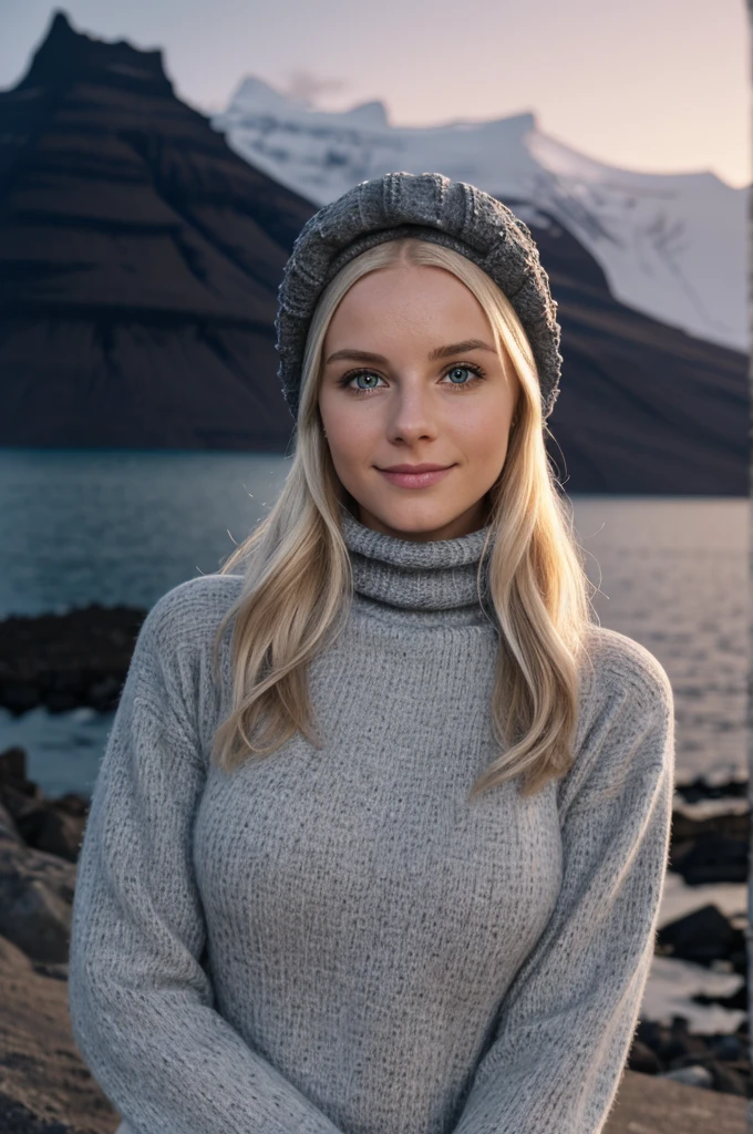 (((Switz, Iceland night time long exposure))), 1 gorgeous woman, 23 ans, subtle smile, flirts with the camera, shes a model, sensual pose, blond hair, (European girl:1.2), (random hair:1.3), (Realistic hair:1.2), (realistic eyes:1.2), (Beauty face:1.3), SFW, (((grey bonnet on head))), (((large wool turtleneck loose white pullover))),(((black wool leggings))),(((heavy hiking fit boots))), perfect body, perfect hands, perfect breast, Kodak gold 200, medium shot, Best quality, ultra highres, (photoreallistic:1.4), 8k, (((extrreme low light conditions)))