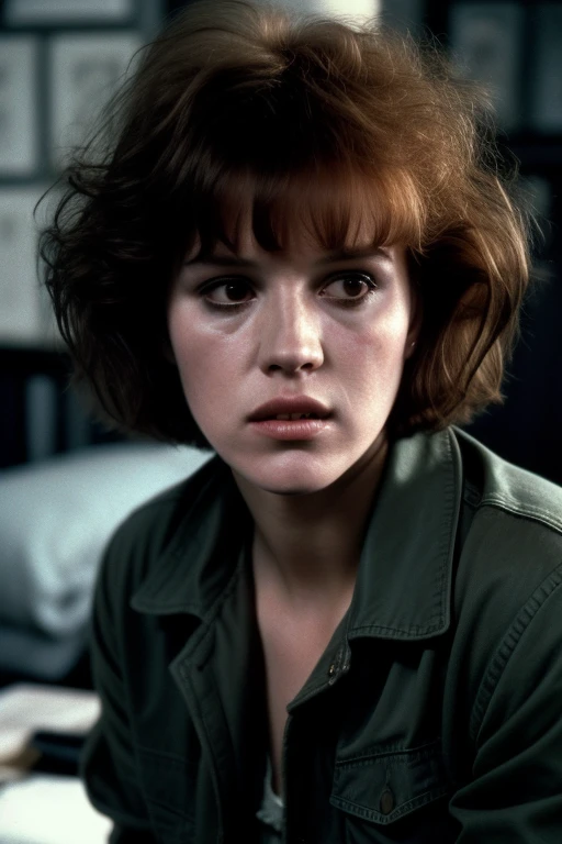 eighteen-year-old Molly Ringwald, scowling, messy/shaggy razored/layered bob haircut with sideswept bangs, bags under eyes, exhausted eyes, undershadowed eyes, copper pocketwatch necklace, dark green jacket with sleeves rolled up, white shirt, jeans, extremely realistic, extremely detailed, extreme realism, extreme detail, extremely accurate resemblance, scene from 1986 psychological sci-fi horror film, directed by Michael Mann, cinematography by Dante Spinotti, muted color scheme, muted color palette, neo-noir, tech-noir, shot on 35mm film, aspect ratio 2:35:1, atmospheric, moody, Manhunter (1986) influenced, Thief (1981) influenced, bedhead, unkempt hair, insomniac, dark circles under eyes, brooding anti-heroine, cult classic, cult film, complex, elaborate, masterpiece, underlit, dark, 4k ultra HD remaster from original 35mm film negative, Drive (2011) influenced, Nicholas Winding Refn influenced