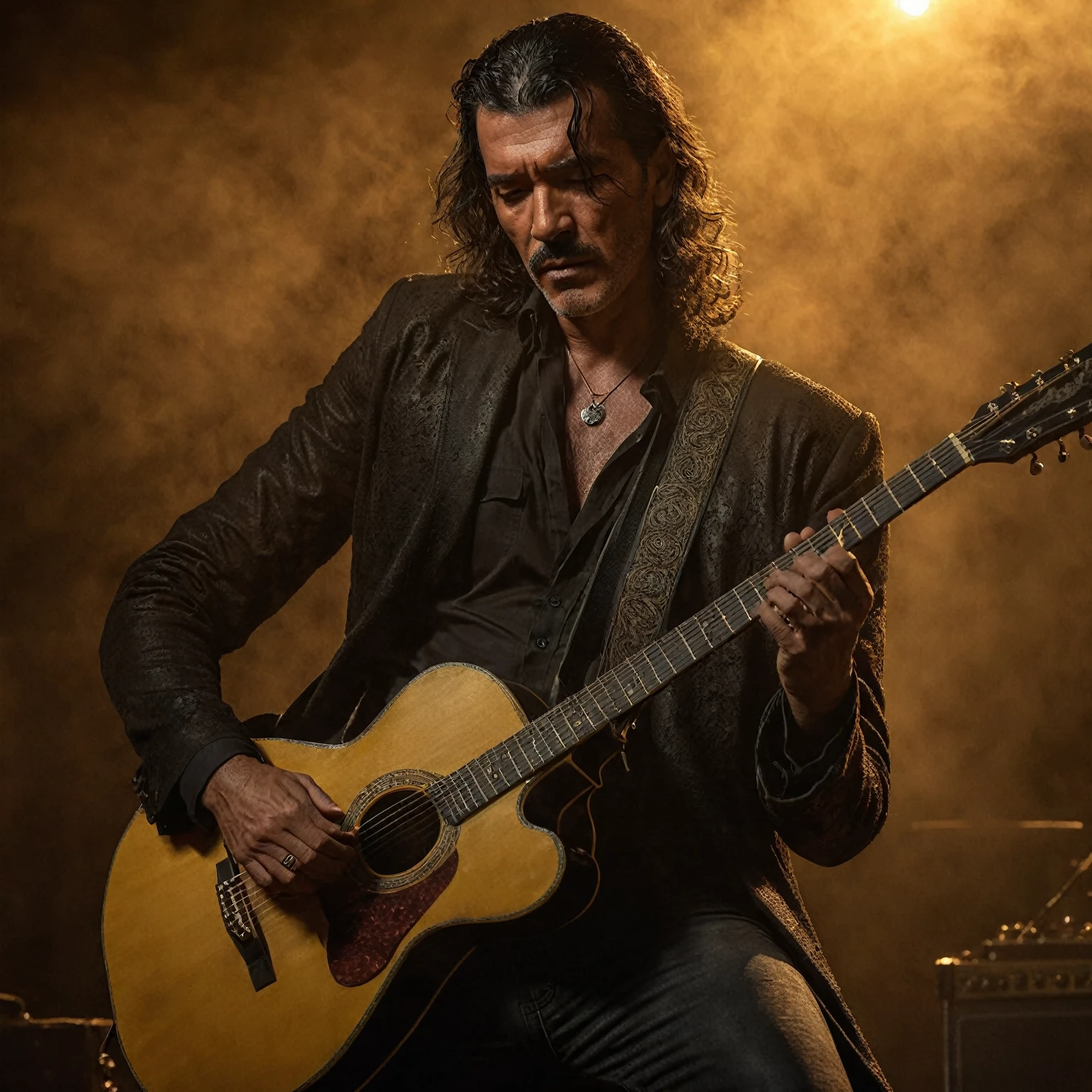 Desperado movie, guitarist (Antonio Banderas: 1.2) amazingly playing on guitar, cinematic lighting, dramatic shadows, detailed environment, detailed guitar, masterpiece, photorealistic, 8k, hyper detailed, dramatic atmosphere, moody colors, vibrant colors, cinematic composition, golden hour lighting, dramatic lighting, dynamic pose, emotional expression, atmospheric fog, magical energy, detailed facial features, beautiful detailed eyes, beautiful detailed lips, extremely detailed face, long hair, full body view