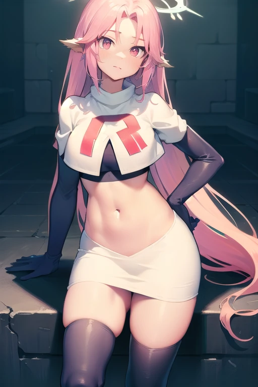 ,best quality,(masterpiece:1.3),cinematic lighting,
ngnl_jibril,long hair,pink hair,halo,team rocket,team rocket uniform,white skirt,red letter R,crop top,black thigh-highs,black elbow gloves,