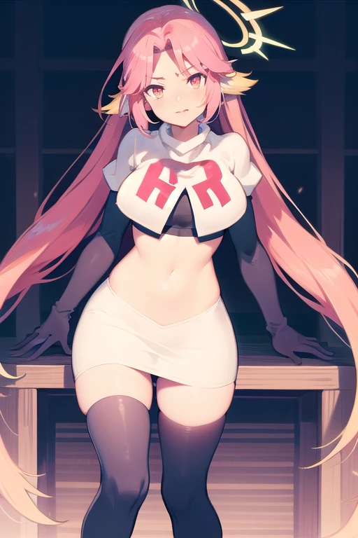 ,best quality,(masterpiece:1.3),cinematic lighting,
ngnl_jibril,long hair,pink hair,halo,team rocket,team rocket uniform,white skirt,red letter R,crop top,black thigh-highs,black elbow gloves,