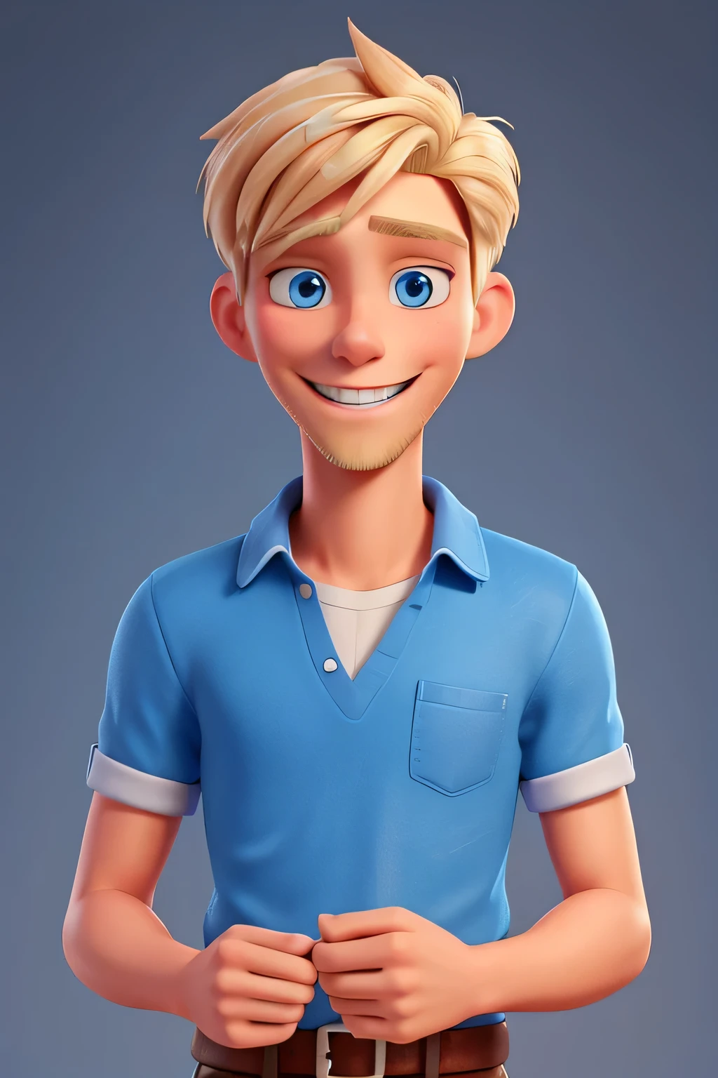 Slim, blond man with low beard, blue eyes and handsome smile