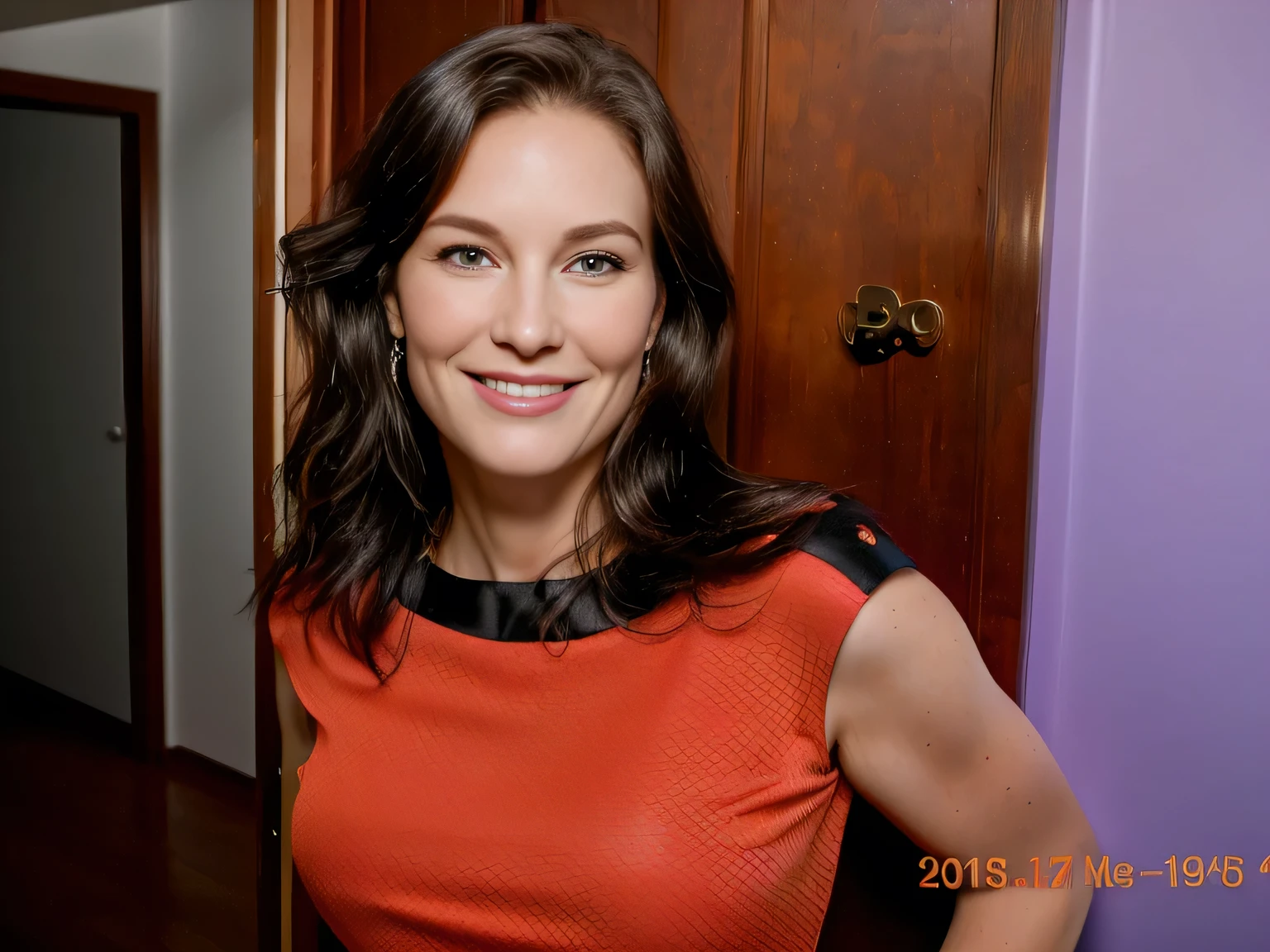 There is a 40-year-old woman smiling in a red dress in front of a door.
She is wearing a red shirt.
She is a beautiful woman, with white skin and dark brown hair. She is about 45 years old, 165 cm tall and weighs 56 kg. She has a perfect mouth, a perfect face. Her body exudes glamor and her face is a definition of beauty. Slender body, thin waist. Highly realistic, hyperrealism, very elaborate skin, perfect face. Clear photo, high resolution, high quality, masterpiece, 16K photo, high contrast, masterpiece, NUDE, NUDITY, NFSW.