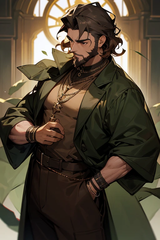 Boy, Short dark green curly hair , black eyes, brown clothes, silver accessories , Short beard, god