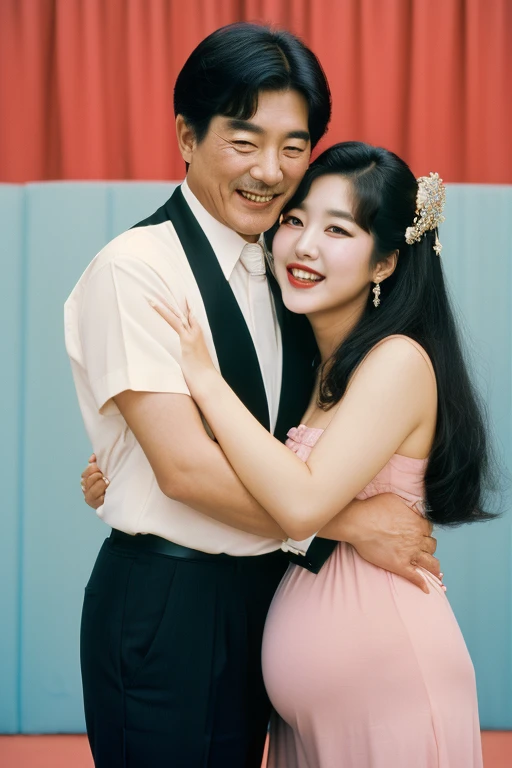 Seoul, 1982, full body, (((1 korean young girl and 1 old korean man facing each other))), {A young korean beautiful girl, 22-year-old, sexy girl, strikingly beautiful, black hair, big breasts, delicate facial features, porcelain skin, red lips, expressive eyes, ((awe and joy expression)), a prizewinner in a beauty contest, miss korea, ((((girl all nude)))), (A pregnant girl with a big belly), winner crown, the sash, ((hairstyle of the 1980s)),((pin up style))}, pastel background, (((60 years old korean man wearing business suit))), (((60 years old korean man hugging on korean young girl's chest))),
