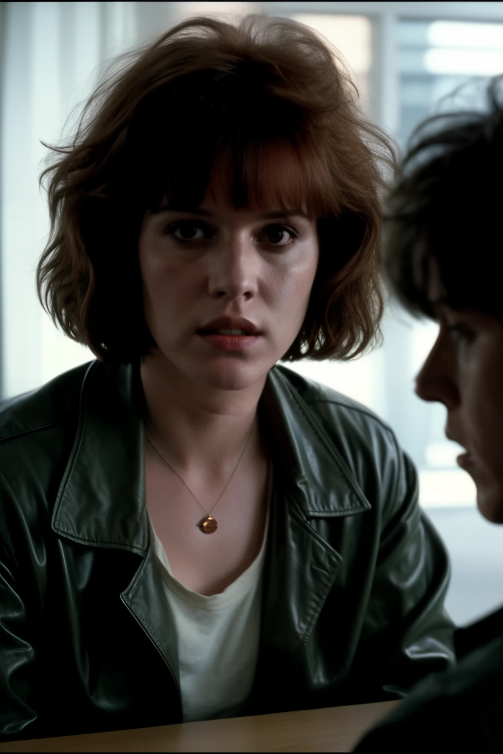 eighteen-year-old Molly Ringwald, scowling, messy/shaggy razored/layered bob haircut with sideswept bangs, bags under eyes, exhausted eyes, undershadowed eyes, copper pocketwatch necklace, dark green jacket with sleeves rolled up, white shirt, jeans, extremely realistic, extremely detailed, extreme realism, extreme detail, extremely accurate resemblance, scene from 1986 psychological sci-fi horror film, directed by Michael Mann, cinematography by Dante Spinotti, muted color scheme, muted color palette, neo-noir, tech-noir, shot on 35mm film, aspect ratio 2:35:1, atmospheric, moody, Manhunter (1986) influenced, Thief (1981) influenced, bedhead, unkempt hair, insomniac, dark circles under eyes, brooding anti-heroine, cult classic, cult film, complex, elaborate, masterpiece, underlit, dark, 4k ultra HD remaster from original 35mm film negative, Drive (2011) influenced, Nicholas Winding Refn influenced, taken from Criterion Collection 4k UHD Blu-Ray release