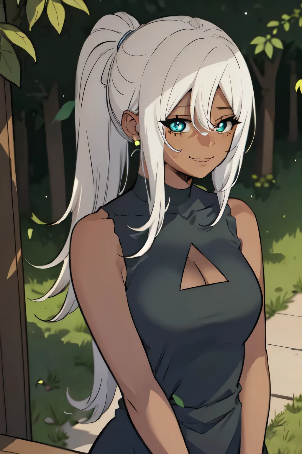 best quality, (masterpiece:1.2), detailed,
dark skin, upper body,
1girl, solo, closed mouth, smile,
ponytail, long hair, blonde hair, green eyes, mole under eye, slight blush,
earring, black dress, cleavage cutout, sleeveless,
standing, looking at the viewer,
outdoors, forest