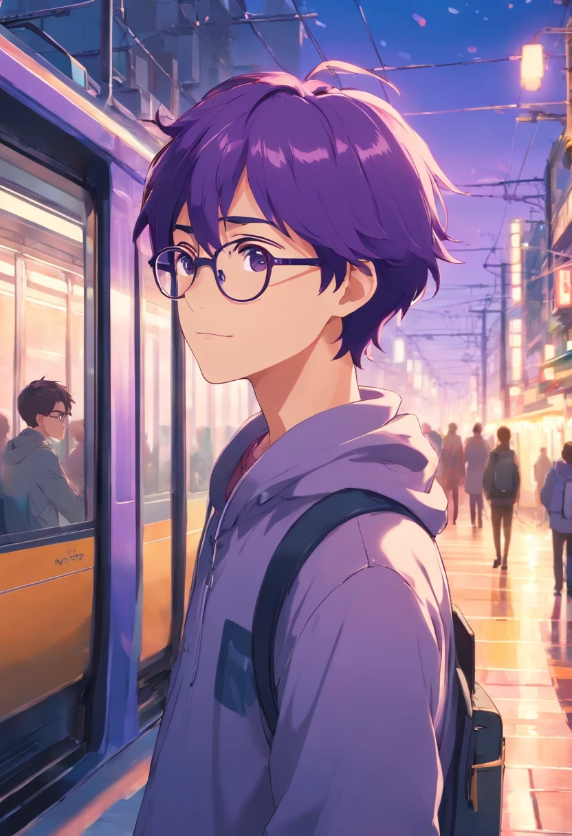 tmasterpiece, beste-Qualit, filmstill, 1 Boy, with purple hair,with glasses on, Waiting for the tram,a closeup of a, The vibrant, a happy, warm soft lighting, morning