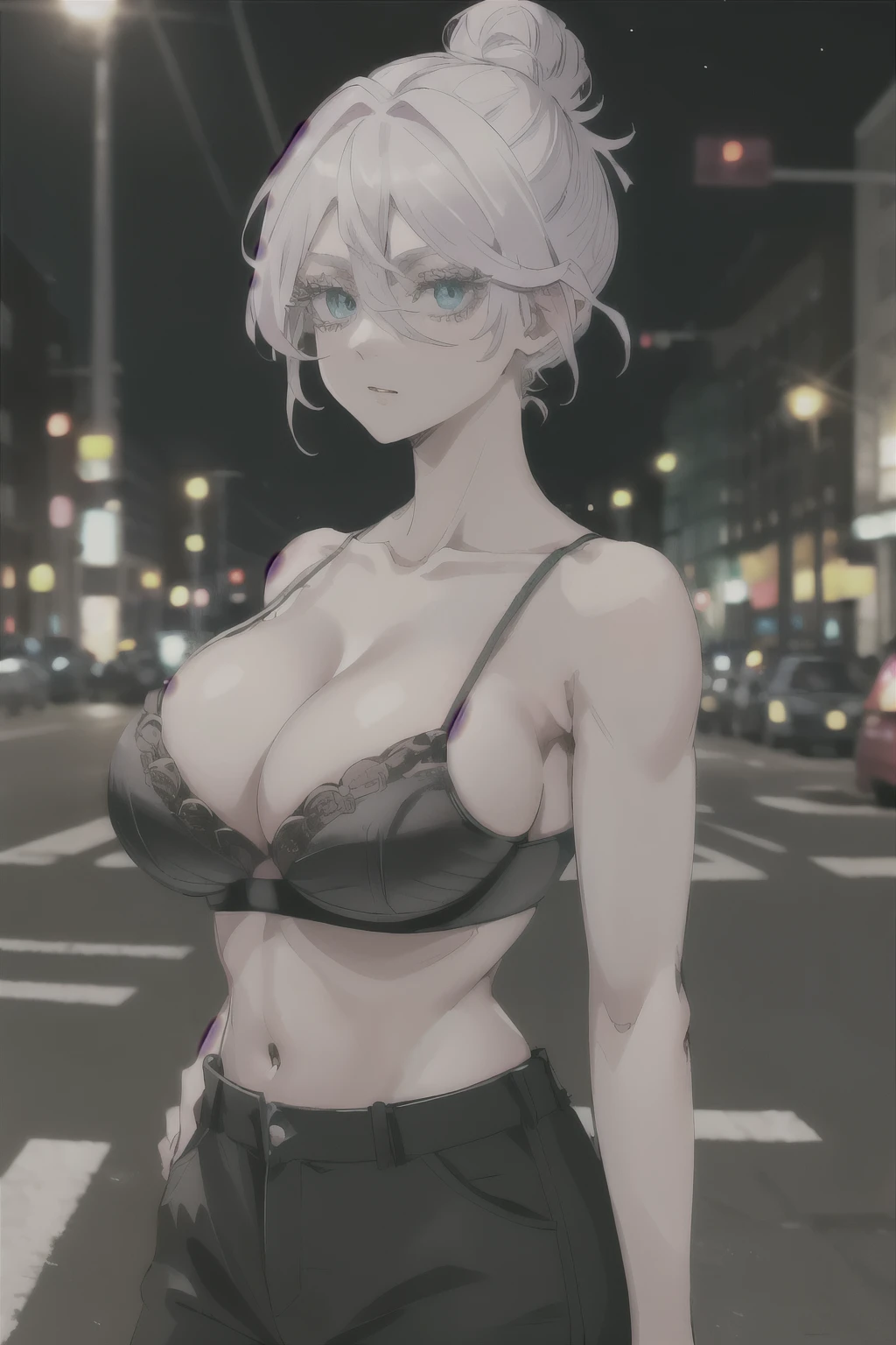 masterpiece, best quality, highres, 1girl, solo, short hair, white hair, hair bun, hair between eyes, colored eyelashes, aqua eyes, cleavage, sarashi, (big breasts: 1.8), (black sport bra: 1.3), standing, cowboy shot, outdoors, street, night