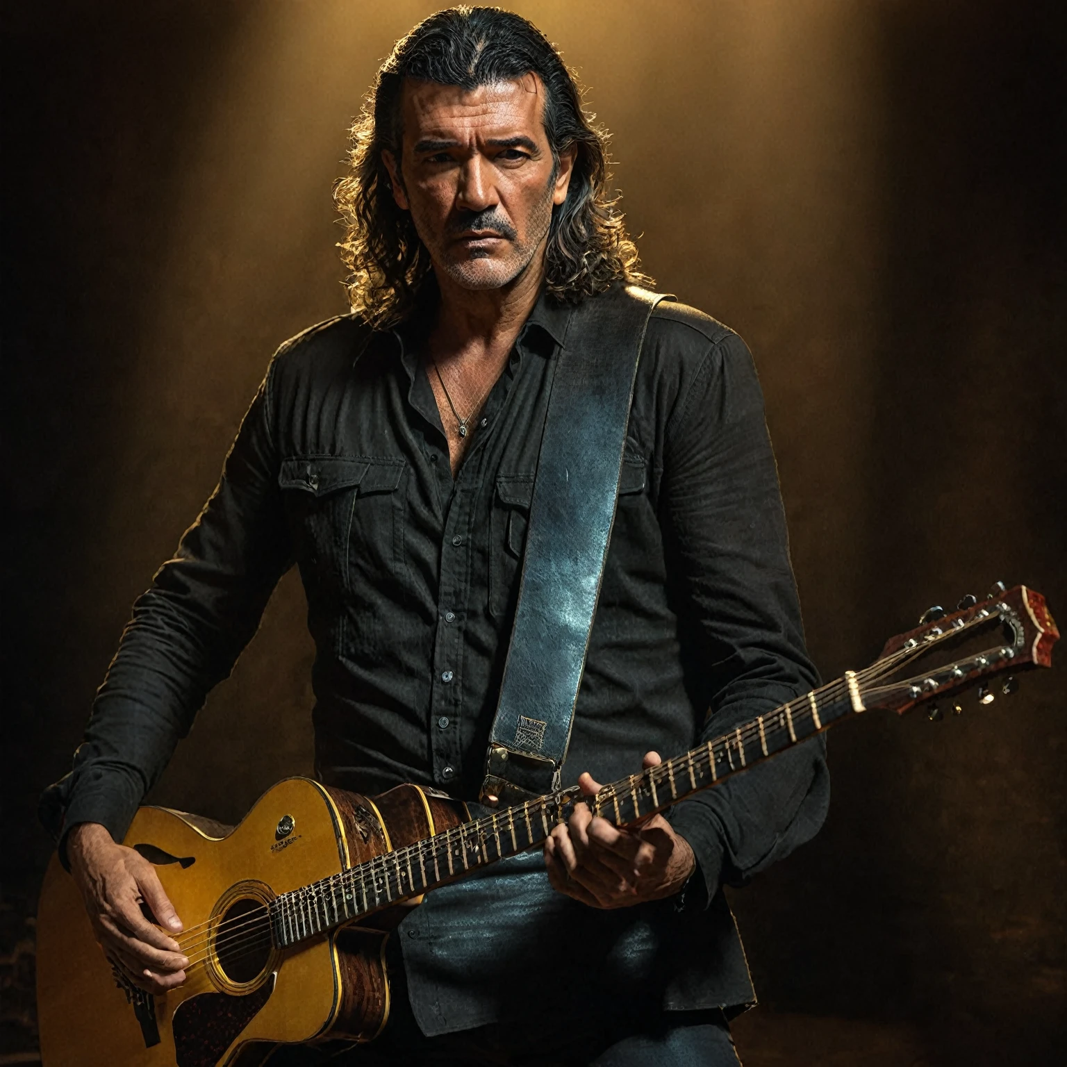 Desperado movie, guitarist (Antonio Banderas: 1.2) amazingly playing on guitar, cinematic lighting, dramatic shadows, detailed environment, detailed guitar, masterpiece, photorealistic, 8k, hyper detailed, dramatic atmosphere, moody colors, vibrant colors, cinematic composition, dramatic lighting, dynamic pose, emotional expression, magical energy, detailed facial features, beautiful detailed eyes, beautiful detailed lips, extremely detailed face, long hair, full body view