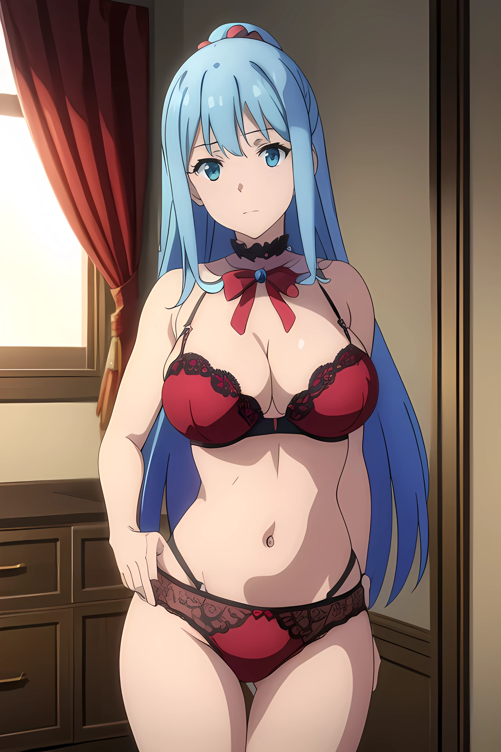(extremely detailed CG unity 8k wallpaper), (masterpiece), (best quality), (ultra-detailed), (best illustration), (best shadow), (absurdres), 1girl, solo, pefrect face, perfect eyes, huge breasts, shining breasts, standing, sfw, safe, close the camera, light red black lace bra, light red black lace panties, standing, vivid colors, cleavage, vivid, aqua, long hair, blue eyes, hair ornament, very long hair, blue hair, hair rings, single hair ring, hair bobbles,