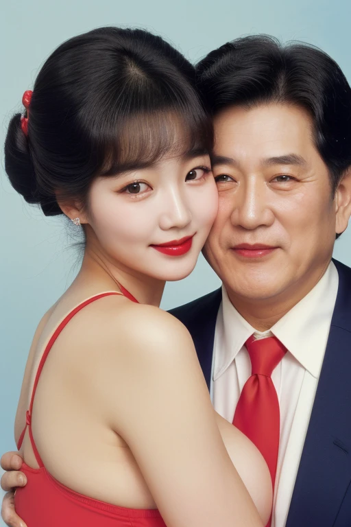 full body, (((1 korean young girl and 1 old korean man facing each other))), {(1 korean young girl), Picture a vibrant advertisement straight out of Korea from the 1980s. The primary focus of the image is a young woman, radiant and full of energy. big breasts, strikingly beautiful, delicate facial features, porcelain skin, expressive eyes, black hair, red lips, erotic pose, (hairstyle of the 1980s), ((pin-up style)), (A pregnant girl with a big belly), ((swimsuit from the 1980s)) },soft pastel background, (((60 years old korean man wearing business suit))), (((60 years old korean man hugging on korean young girl's chest))),