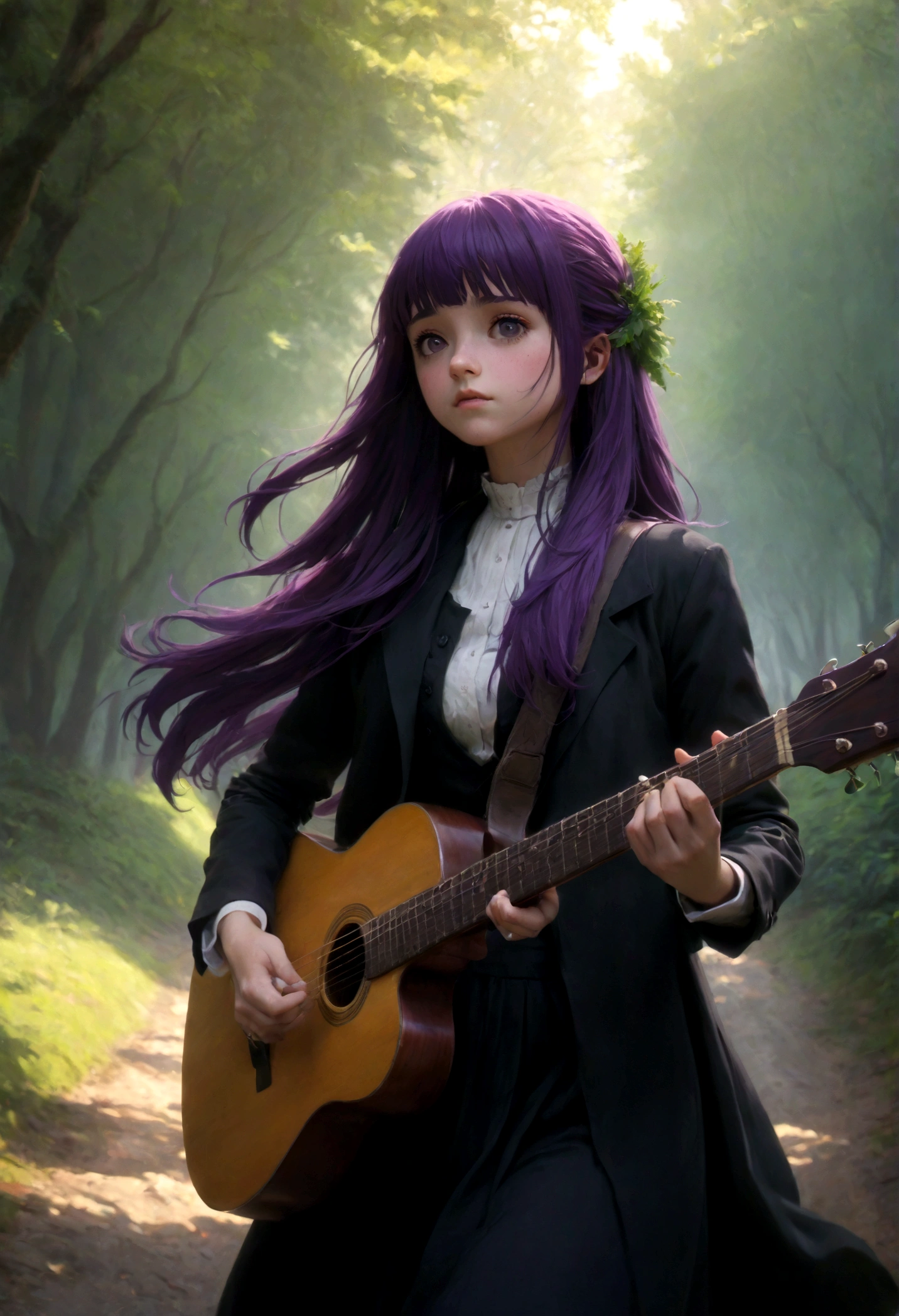 1girl, Fern, f3rn, FernFrieren, Frieren at the Funeral, Guitarist, country path, purple hair, long hair, dramatic composition, cinematic dynamic action scene, vibrant colors, cinematic lighting, dramatic lighting, best quality, masterpiece, very aesthetic, perfect composition, intricate details, ultra-detailed