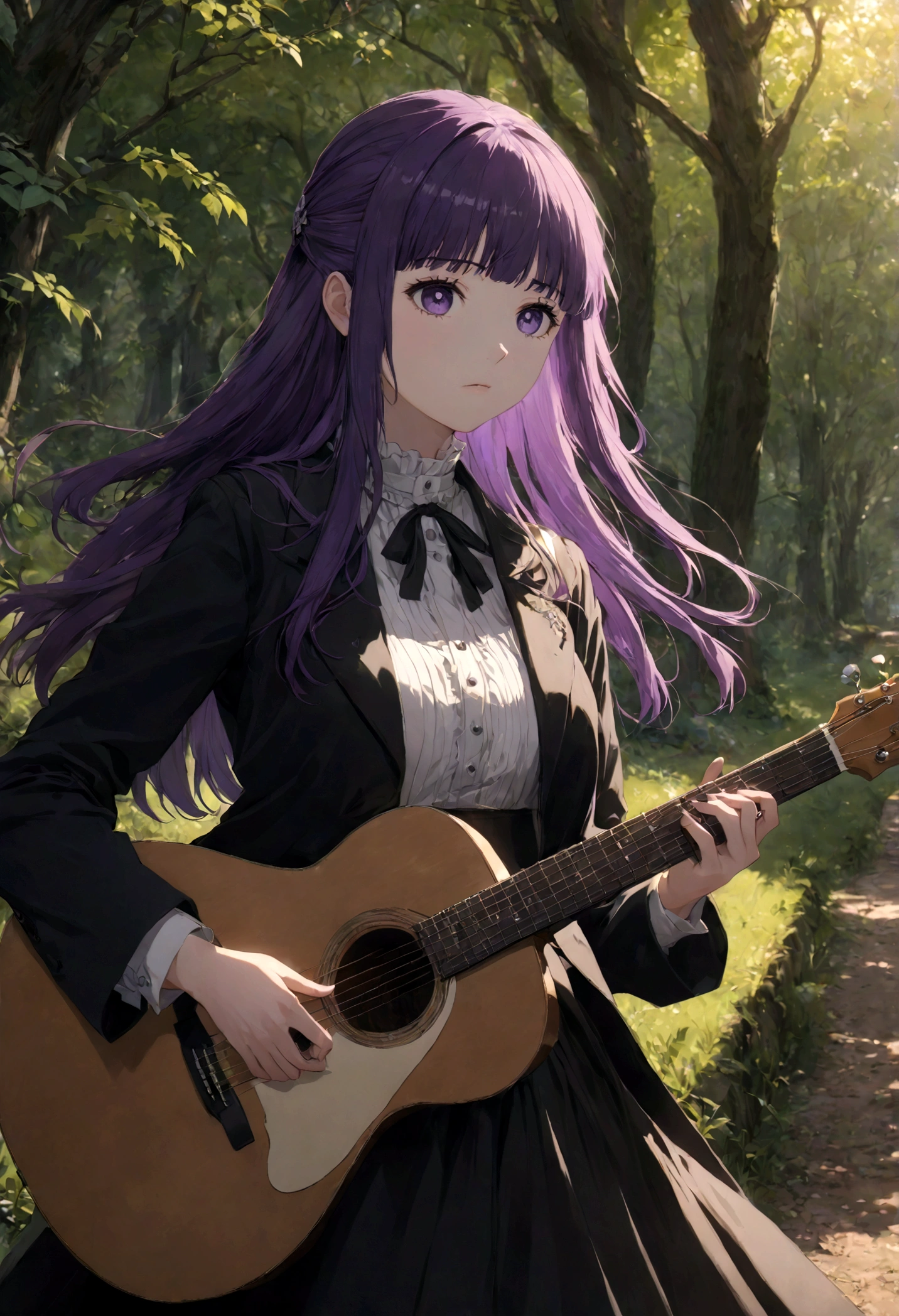 1girl, Fern, f3rn, FernFrieren, Frieren at the Funeral, Guitarist, country path, purple hair, long hair, dramatic composition, cinematic dynamic action scene, vibrant colors, cinematic lighting, dramatic lighting, best quality, masterpiece, very aesthetic, perfect composition, intricate details, ultra-detailed