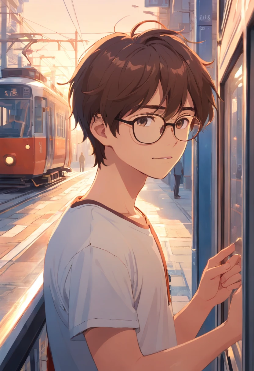 tmasterpiece, beste-Qualit, filmstill, 1 Boy, with brown hair,with glasses on,white t-shirt ,Waiting for the tram,a closeup of a, The vibrant, a happy, warm soft lighting, morning