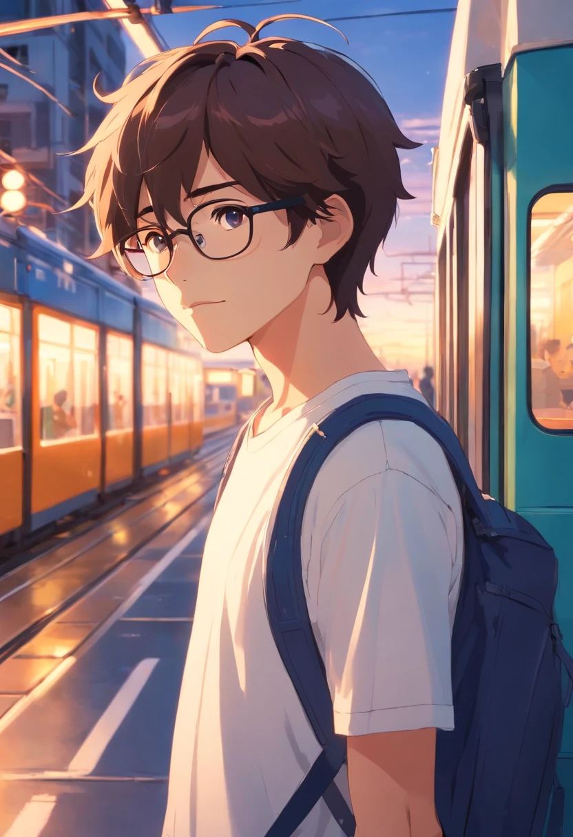 tmasterpiece, beste-Qualit, filmstill, 1 Boy, with brown hair,with glasses on,white t-shirt ,Waiting for the tram,a closeup of a, The vibrant, a happy, warm soft lighting, morning