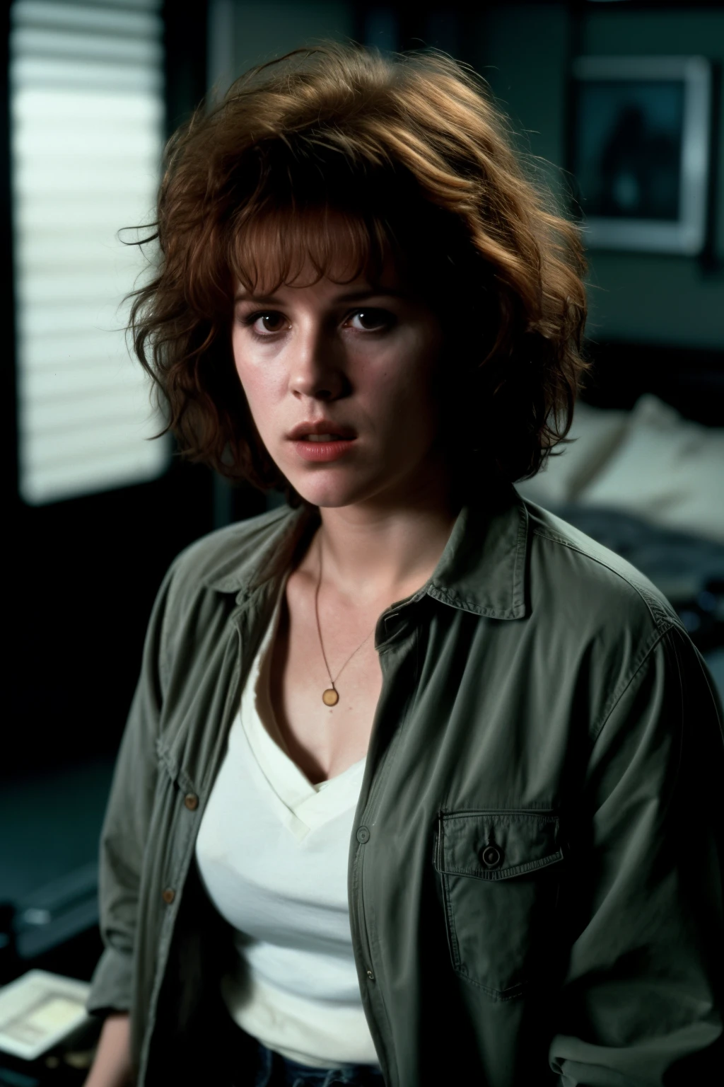 eighteen--old ly Ringwald, scowling, messy/shaggy razored/layered haircut with sideswept bangs, bags under eyes, exhausted eyes, undershadowed eyes, copper pocketwatch necklace, dark green jacket with sleeves rolled up, white shirt, jeans, extremely realistic, extremely detailed, extreme realism, extreme detail, extremely accurate resemblance, scene from 1986 psychological sci-fi horror film, directed by Michael Mann, cinematography by Dante Spinotti, muted color scheme, muted color palette, neo-noir, tech-noir, shot on 35mm film, aspect ratio 2:35:1, atmospheric, moody, Manhunter (1986) influenced, Thief (1981) influenced, bedhead, unkempt hair, insomniac, dark circles under eyes, brooding anti-heroine, cult classic, cult film, complex, elaborate, masterpiece, underlit, dark, 4k ultra HD remaster from original 35mm film negative, Drive (2011) influenced, Nicholas Winding Refn influenced, taken from Criterion Collection 4k UHD Blu-Ray release