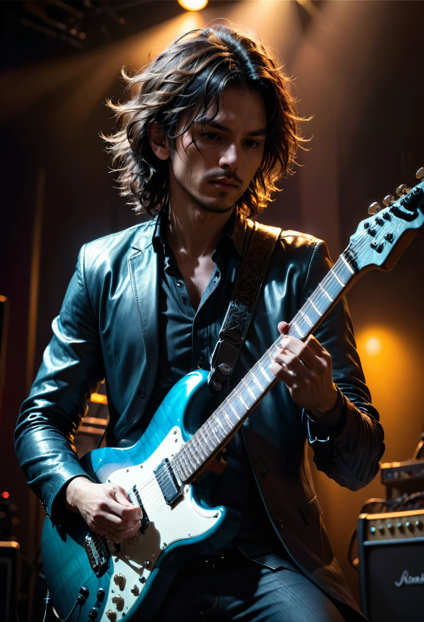 Guitarist, a guitarist playing an electric guitar, detailed, 8k, cinematic lighting, dramatic pose, intense expression, intricate guitar details, strings and fretboard visible, chiaroscuro lighting, dramatic shadows, moody atmosphere, cool color tones