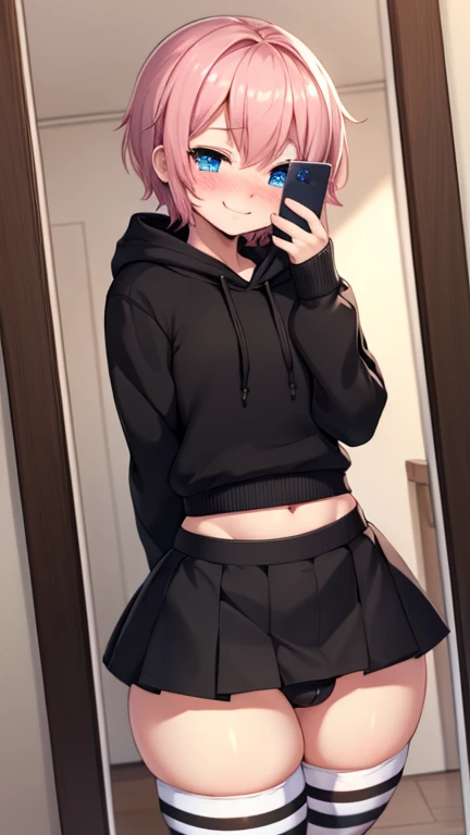 Femboy, feminine boy, male, feminine male, skirt, short skirt, short pink hair, blue eyes, heart eyes, freckles, thick ass, big butt, big ass, thick thighs, big thighs, striped thigh highs, black and white thigh highs, bikini, micro bikini, blush, blushing, cute smile, lusty smile, shy, is shy, mirror view, mirror selfie, holding phone, hoodie, black hoodie, bulge, visible bulge,