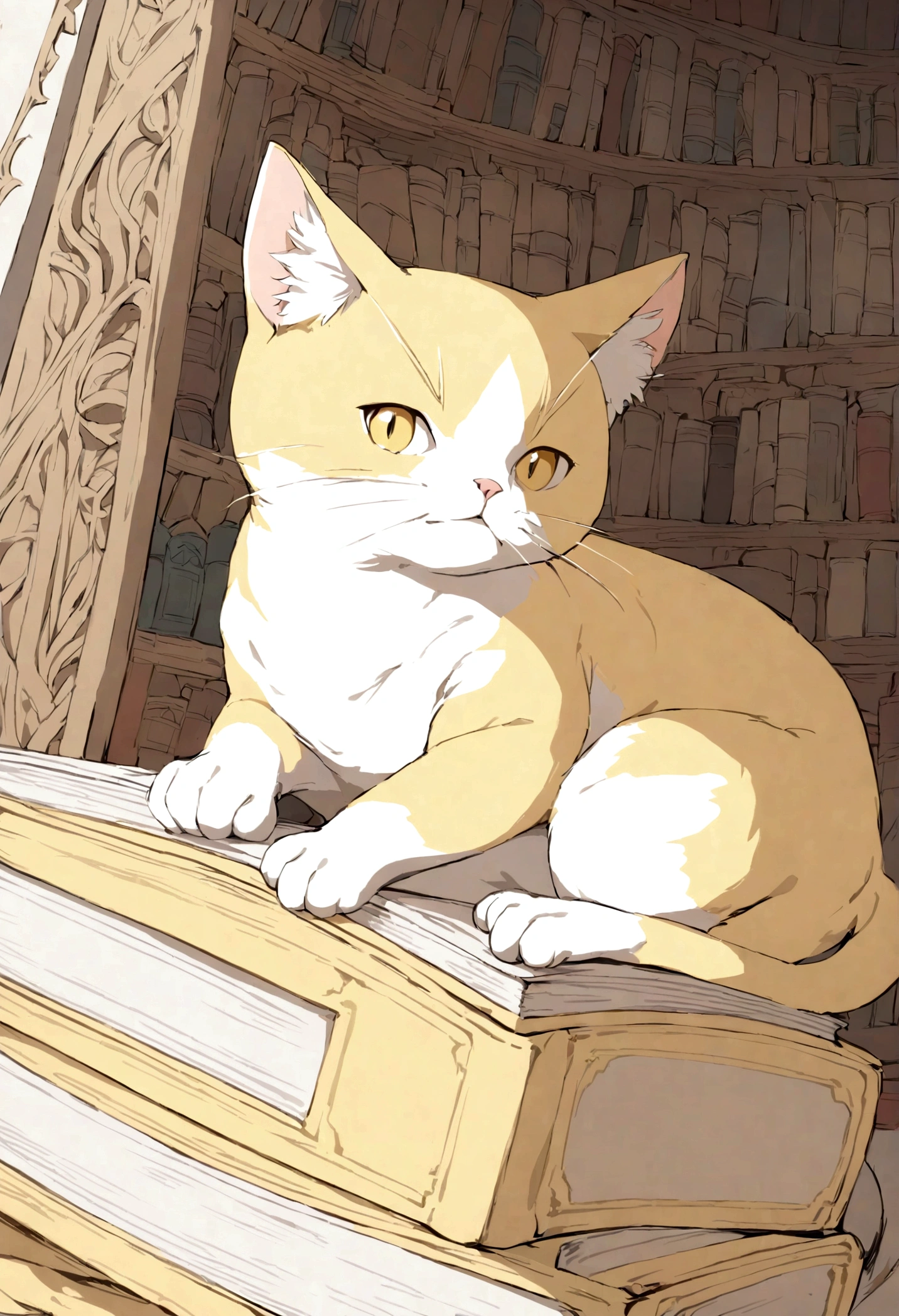 a yellow and white cat with a book