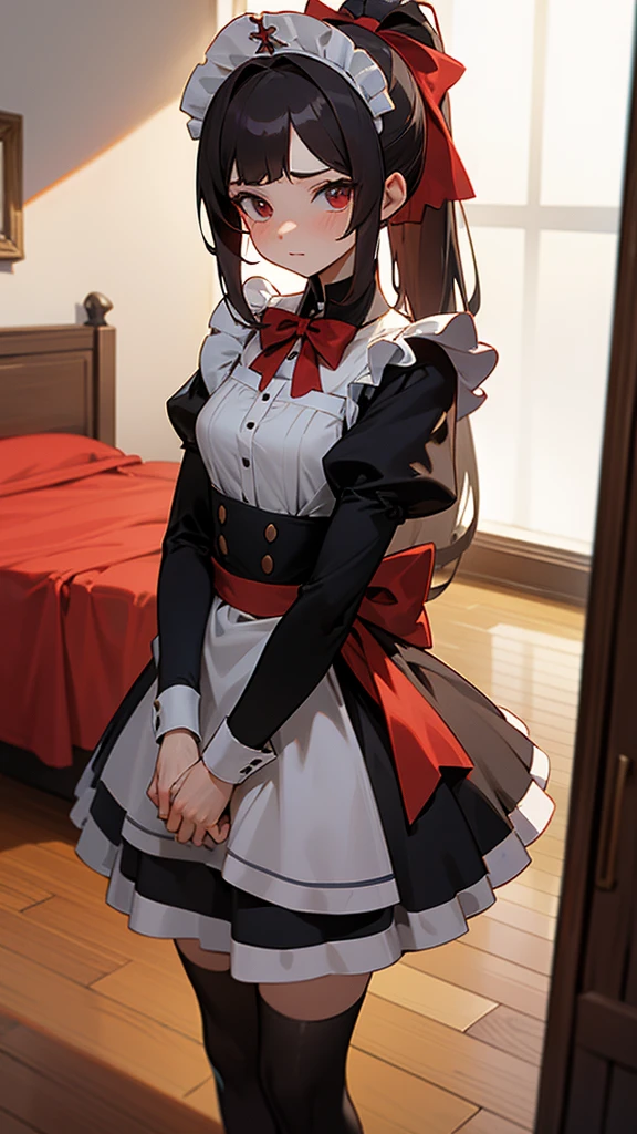 adulto, Cabello negro ondulado, mirada penetrante con ojos profundos de color rojo, estatura promedio, Silky hair with a ponytail hairstyle collected with a red bow with two white lines, tiene pechos medianos, primer plano, session, standing in the middle of his room [[[Risa malvada]]] , Sonrojada, muslos grandes, maid, sirvienta, nsfw, calzon blanco, raising her maid&#39;s skirt to show her panties to the camera, lifting her skirt to show her panties 