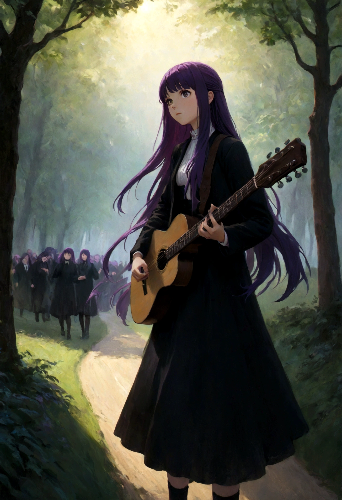 1girl, Fern, f3rn, FernFrieren, Frieren at the Funeral, Guitarist, country path, purple hair, long hair, dramatic composition, cinematic dynamic action scene, vibrant colors, cinematic lighting, dramatic lighting, best quality, masterpiece, very aesthetic, perfect composition, intricate details, ultra-detailed