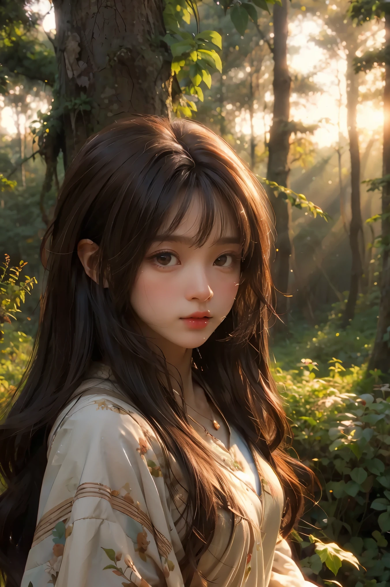 Beautiful mystical woman with brown hair, in a beautiful forest enjoying the sunset  