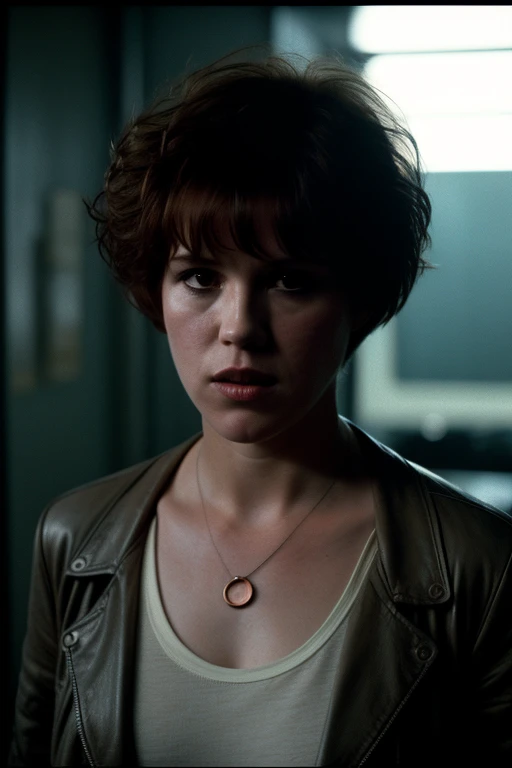 eighteen-year-old Molly Ringwald, scowling, short messy/shaggy razored/layered bob haircut with sideswept bangs, bags under eyes, exhausted eyes, undershadowed eyes, copper pocketwatch necklace, dark green jacket with sleeves rolled up, white shirt, jeans, extremely realistic, extremely detailed, extreme realism, extreme detail, extremely accurate resemblance, scene from 1986 psychological sci-fi horror film, directed by Michael Mann, cinematography by Dante Spinotti, muted color scheme, muted color palette, neo-noir, tech-noir, shot on 35mm film, aspect ratio 2:35:1, atmospheric, moody, Manhunter (1986) influenced, Thief (1981) influenced, bedhead, unkempt hair, insomniac, dark circles under eyes, brooding anti-heroine, cult classic, cult film, complex, elaborate, masterpiece, underlit, dark, 4k ultra HD remaster from original 35mm film negative, Drive (2011) influenced, Nicholas Winding Refn influenced, taken from Criterion Collection 4k UHD Blu-Ray release