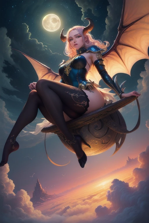 ((best quality)), ((masterpiece)), (detailed), succubus, ethereal beauty, perched on a cloud, (fantasy illustration:1.3), enchanting gaze, leotard, pantyhose, stockings, bodysuit, captivating pose, delicate wings, otherworldly charm, mystical sky, large moon, moonlit night, soft colors, (detailed cloudscape:1.3), (high-resolution:1.2), from below, (rating_explicit), (score_9, score_8_up, score_7_up, score_6_up, score_5_up, score_4_up, high res, 4k)