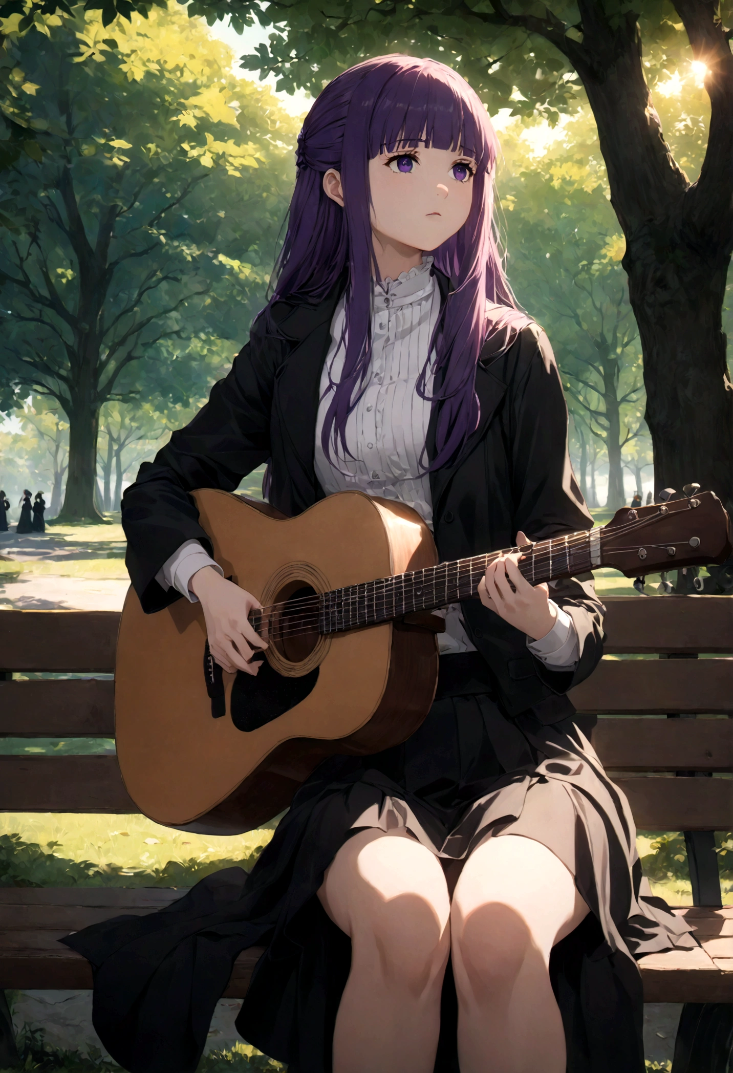 1girl, Fern, f3rn, FernFrieren, Frieren at the Funeral, Guitarist, sit on bench, park, purple hair, long hair, dramatic composition, cinematic dynamic action scene, vibrant colors, cinematic lighting, dramatic lighting, best quality, masterpiece, very aesthetic, perfect composition, intricate details, ultra-detailed