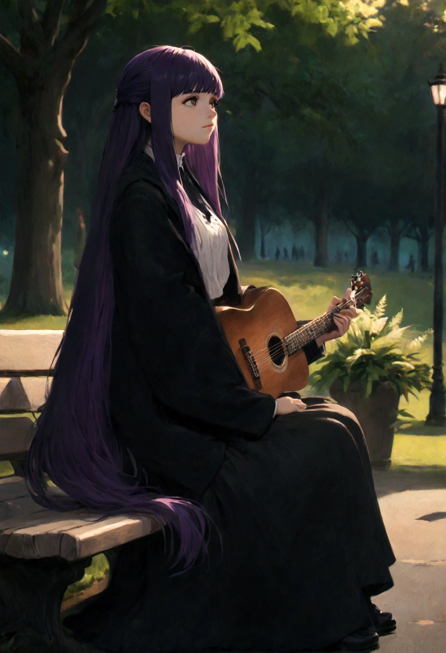 1girl, Fern, f3rn, FernFrieren, Frieren at the Funeral, Guitarist, sit on bench, park, purple hair, long hair, dramatic composition, cinematic dynamic action scene, vibrant colors, cinematic lighting, dramatic lighting, best quality, masterpiece, very aesthetic, perfect composition, intricate details, ultra-detailed