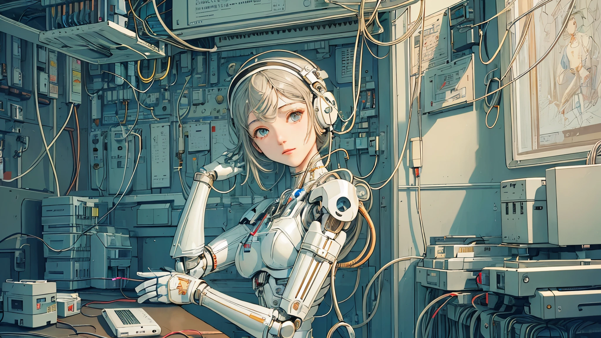 (((masterpiece))), (((highest quality))), ((Very detailed)), (Highly detailed CG illustrations), ((Very delicate and beautiful)),(Cute and delicate face),Light,((1. Machine Girl)),alone,whole body,(Machine made joints:1.4),((Mechanical Limbs)),(Muscles bulge),(Blood vessels are connected to tubes),(Brain in a container:1.3),((Mechanical vertebrae attached to the back)),((Mechanical cervical vertebrae attached to the neck)),((Sitting)),poker face,(Wires and cables attached to head and body:1.5),Small breasts,short hair,(Character Focus),SF