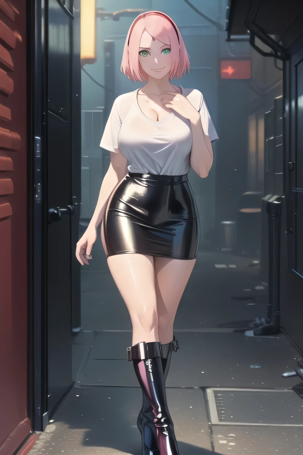1 girl, 19 years old, Long pink hair, green eyes with slit pupils, master-piece, best quality, (standing up), (white shirt), (white v-neck crop t-shirt, black leather pencil mini skirt, patent leather high heel boots, cleavage),  (Big , ultra gigantic , Super super big, Glamorous body), Make eye contact with the camera, front figure, looking forward, (light_Smile:1.5), (Detailed hands and fingers:1.2) (Cyberpunk City), (FULL BODYSHOT), thighs thighs thighs thighs、beauty legs、