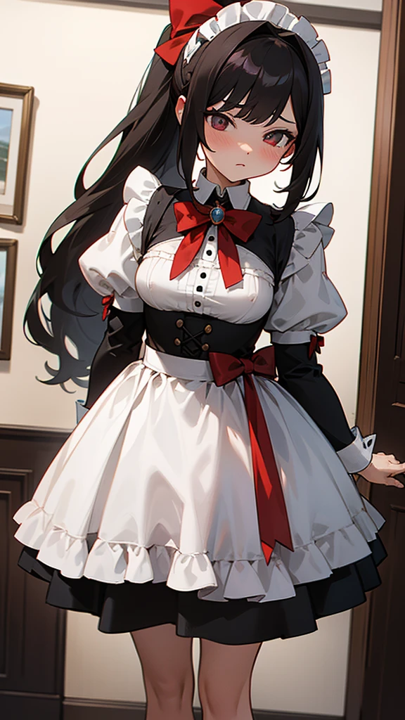 adult, wavy black hair, piercing look with deep red eyes, average stature, Silky hair with a ponytail hairstyle collected with a red bow with two white lines, she has medium breasts, foreground, session, standing in the middle of his room [[[Evil laugh]]] , blushing, big thighs, black skirt, A white blouse, NSFW, white underwear, lifting her skirt to show her panties to the camera, lifting her skirt to show her panties, grabbing the skirt with both hands to lift it up, showing panties, white underwear, raised skirt 