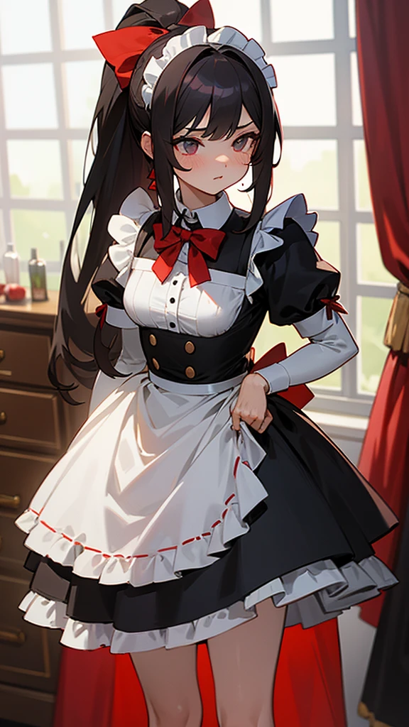 adulto, Cabello negro ondulado, mirada penetrante con ojos profundos de color rojo, estatura promedio, Silky hair with a ponytail hairstyle collected with a red bow with two white lines, tiene pechos medianos, primer plano, session, standing in the middle of his room [[[Risa malvada]]] , Sonrojada, muslos grandes, maid, sirvienta, nsfw, calzon blanco, raising her maid&#39;s skirt to show her panties to the camera, lifting her skirt to show her panties, agarrando la falda con sus dos manos para levantarla 