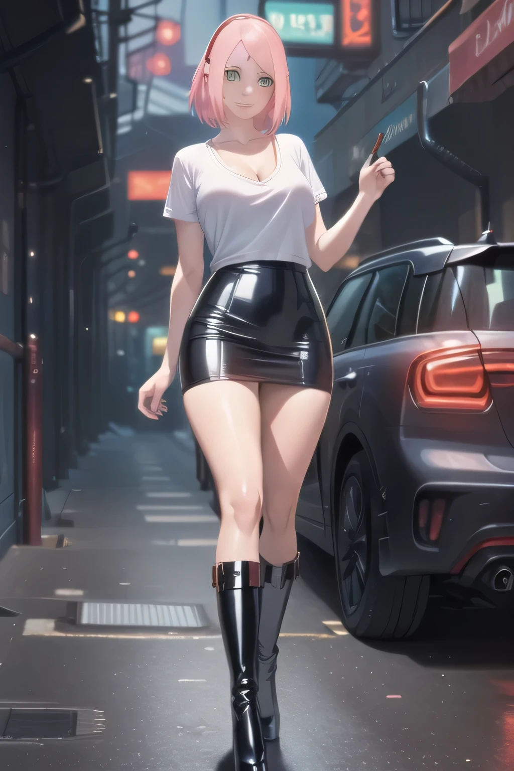 1 girl, 19 years old, Long pink hair, green eyes with slit pupils, master-piece, best quality, (standing up), (white shirt), (white v-neck crop t-shirt, black leather pencil mini skirt, patent leather high heel boots, cleavage),  (Big , ultra gigantic , Super super big, Glamorous body), Make eye contact with the camera, front figure, looking forward, (light_Smile:1.5), (Detailed hands and fingers:1.2) (Cyberpunk City), (FULL BODYSHOT), thighs thighs thighs thighs、beauty legs、