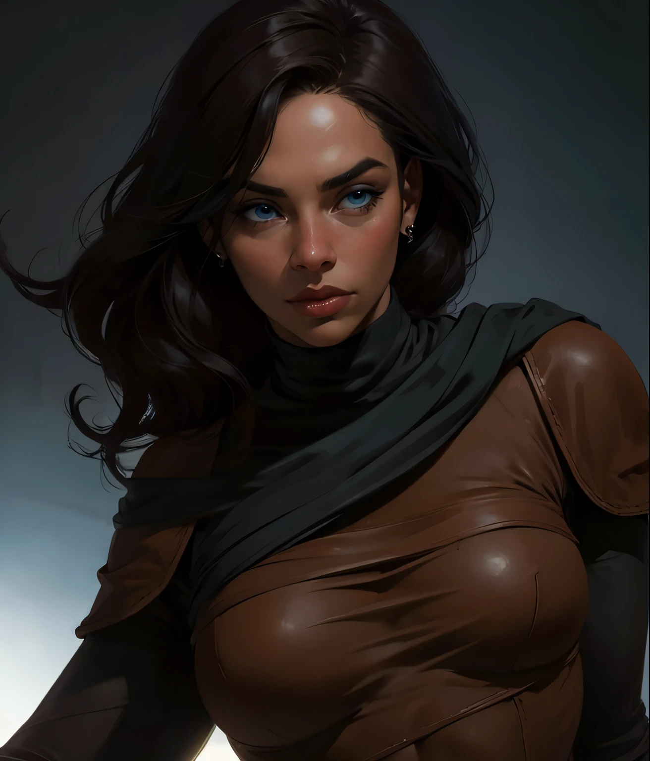 Imagen de una mujer, brown leather, long POR EL NEGRO, light animation, POR EL NEGRO, brazilian woman from the front, POR EL NEGRO, Detailed animation, POR EL NEGRO, pechos grandes, vestido rojo, POR EL NEGRO, ojos desafiantes, POR EL NEGRO, blue eyes, POR EL NEGRO Good lighting, cara cercana 