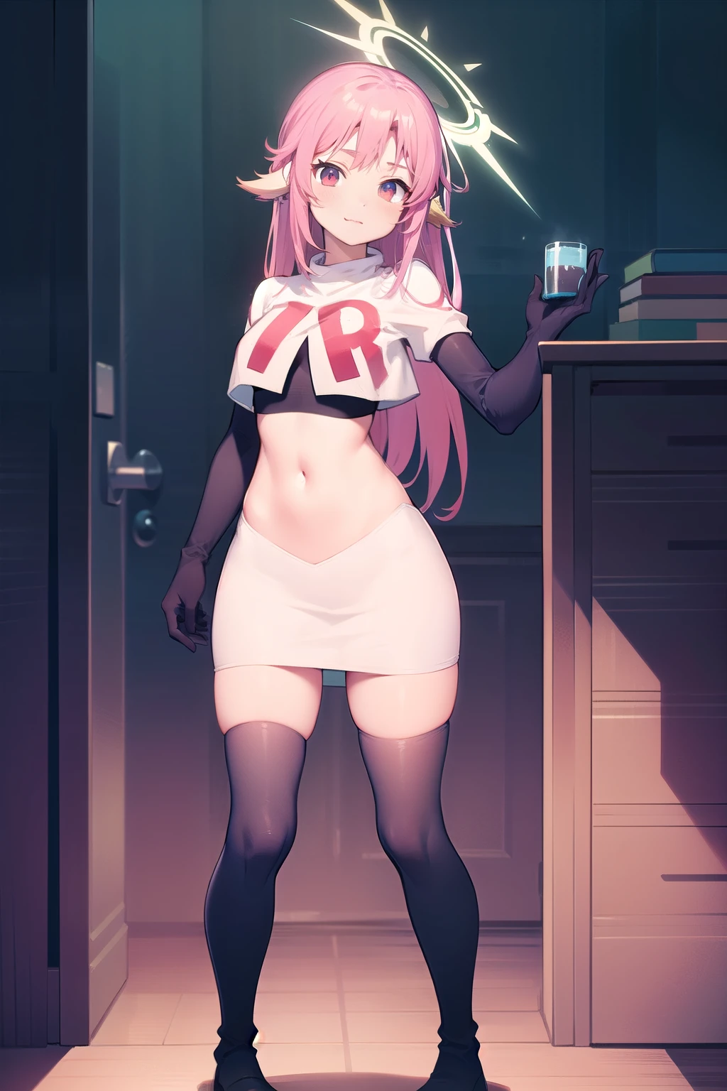 ,best quality,(masterpiece:1.3),cinematic lighting,
ngnl_jibril,long hair,pink hair,halo,team rocket,team rocket uniform,white skirt,red letter R,crop top,black thigh-highs,black elbow gloves,