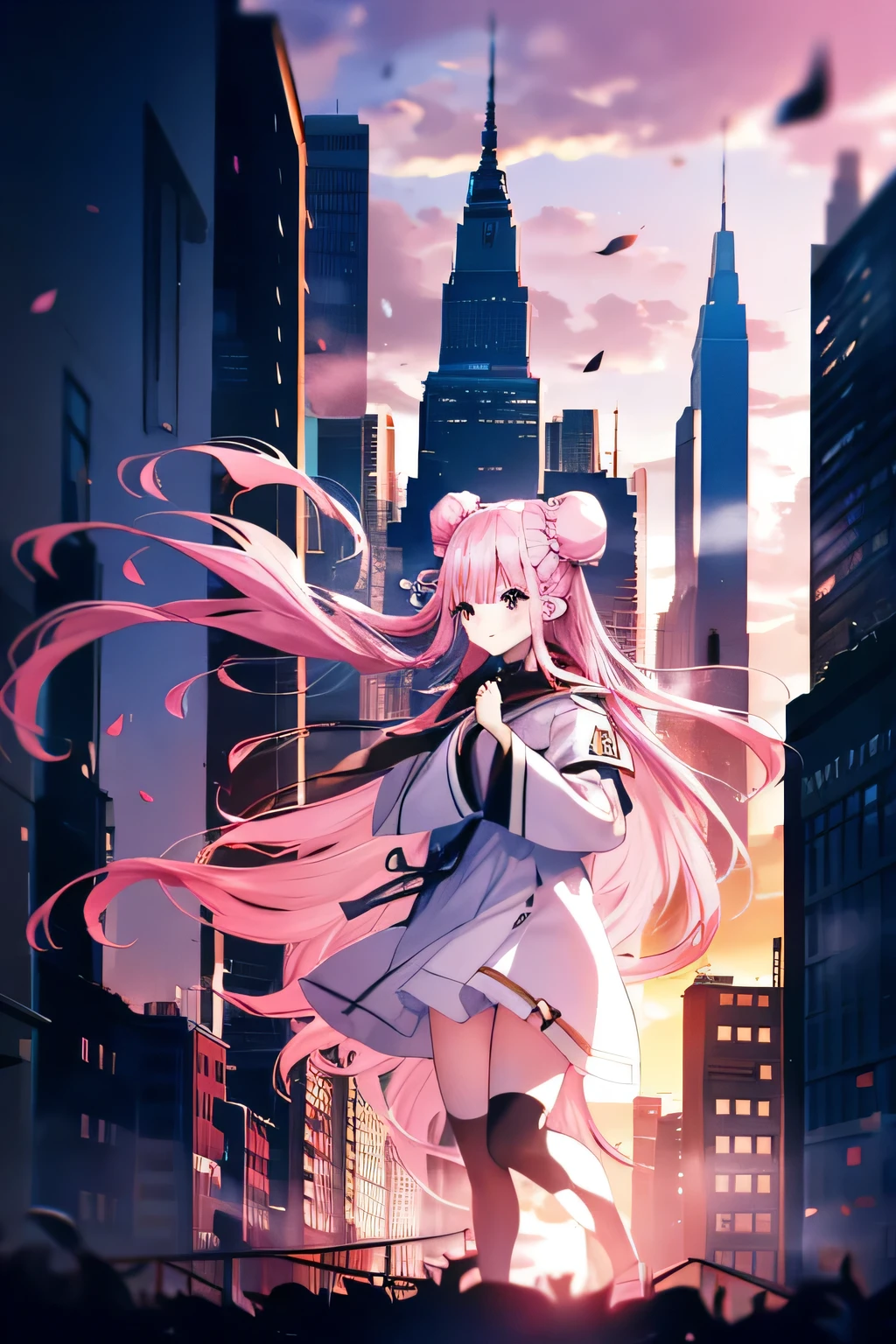 anime,silhouette,One girl, star (null), cloud, cityscape, building, city, Outdoor, nullscraper, city lights, dawn, Night null, Asahi, nullline, (Hair Ribbon:0.4),(((White bun hair))),(((Long pink hair))),