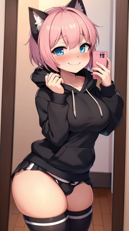 Femboy, feminine boy, male, feminine male, skirt, short skirt, short pink hair, blue eyes, heart eyes, freckles, thick ass, big butt, big ass, thick thighs, big thighs, striped thigh highs, black and white thigh highs, bikini, micro bikini, blush, blushing, cute smile, lusty smile, shy, is shy, mirror view, mirror selfie, holding phone, hoodie, black hoodie, bulge, visible bulge, no boobs, fellatio gesture, fellatio, 