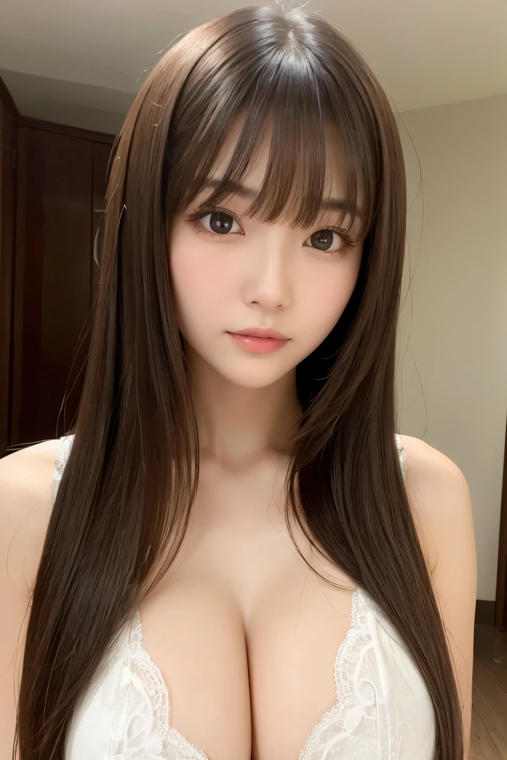 (real, High resolution:1.3), One girl with a perfect body, Very beautiful face、Double、eyes dark brown、Long Hair,Has bangs,Small breasts,Exposing cleavage,The background is the room,Close up of face