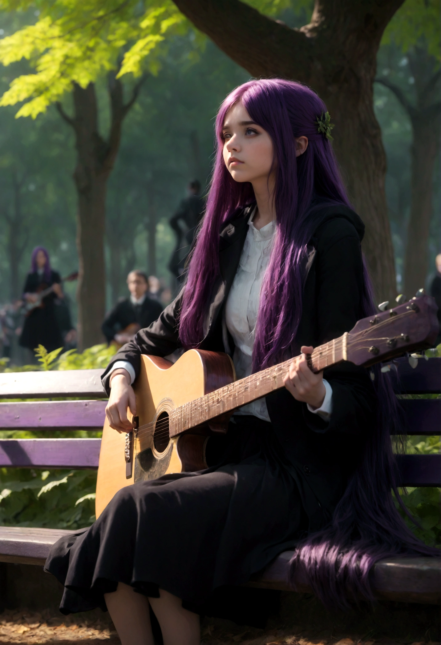 1girl, Fern, f3rn, FernFrieren, Frieren at the Funeral, Guitarist, sit on bench, park, purple hair, long hair, straight hair, dramatic composition, cinematic dynamic action scene, vibrant colors, cinematic lighting, dramatic lighting, best quality, masterpiece, very aesthetic, perfect composition, intricate details, ultra-detailed