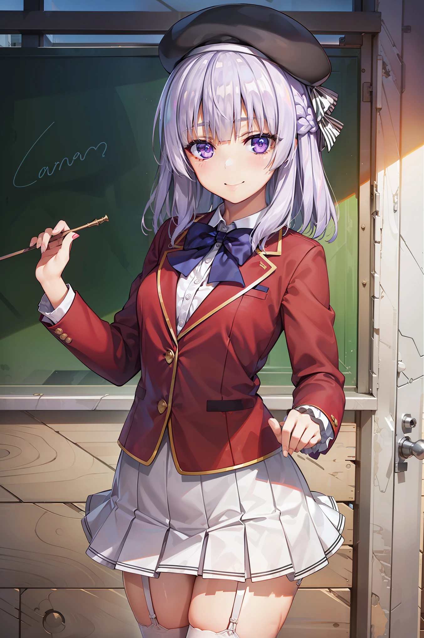 BREAK (masutepiece:1.2), Best Quality, High resolution, Unity 8k Wallpaper, (Beautiful detailed eyes:1.6), extra detailed face, Perfect Lighting, extremely details CG,1 girl、solo、Arisu、(Viewer's Perspective、cowboy  shot:1)、(Light purple hair、White hair、Medium Hair) 、Arisu has、beret、Black beret、Black hat:1.2)、(Purple eyes、shining purple eyes:1.3)、(Arisu School、student clothes、Red Blazer、a red jacket、robe blanche 、(White skirt)、pleatedskirt、Blue bow tie、White Niso、garter strap、Absolute area:1.4)、Naughty big、large full breasts、(Perfect hands, Perfect Anatomy),Look at viewers、a smile、is standing、outside of house、plein air、