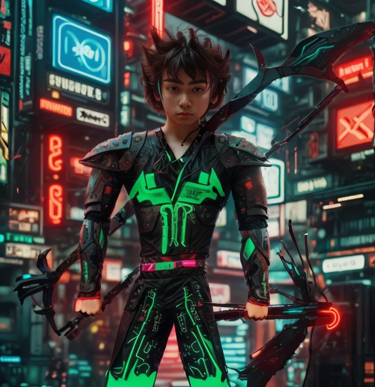 Full-length((  hyperrealistic photograph )) of a 1 boy, 20 years old, cyberpunk archer, with cyberpunk technological armor, neon lights effects, energy bow, energy arrows, short brown hairs, masterpiece, photorealistic, raw camera, uhd, 8k