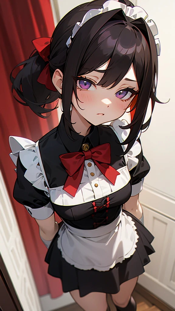 adulto, Cabello negro ondulado, mirada penetrante con ojos profundos de color rojo, estatura promedio, Silky hair with a ponytail hairstyle collected with a red bow with two white lines, tiene pechos medianos, primer plano, session, standing in the middle of his room [[[Risa malvada]]] , Sonrojada, muslos grandes, maid, sirvienta, nsfw, calzon blanco, raising her maid&#39;s skirt to show her panties to the camera, lifting her skirt to show her panties, agarrando la falda con sus dos manos para levantarla, SHOWING PANTIES 