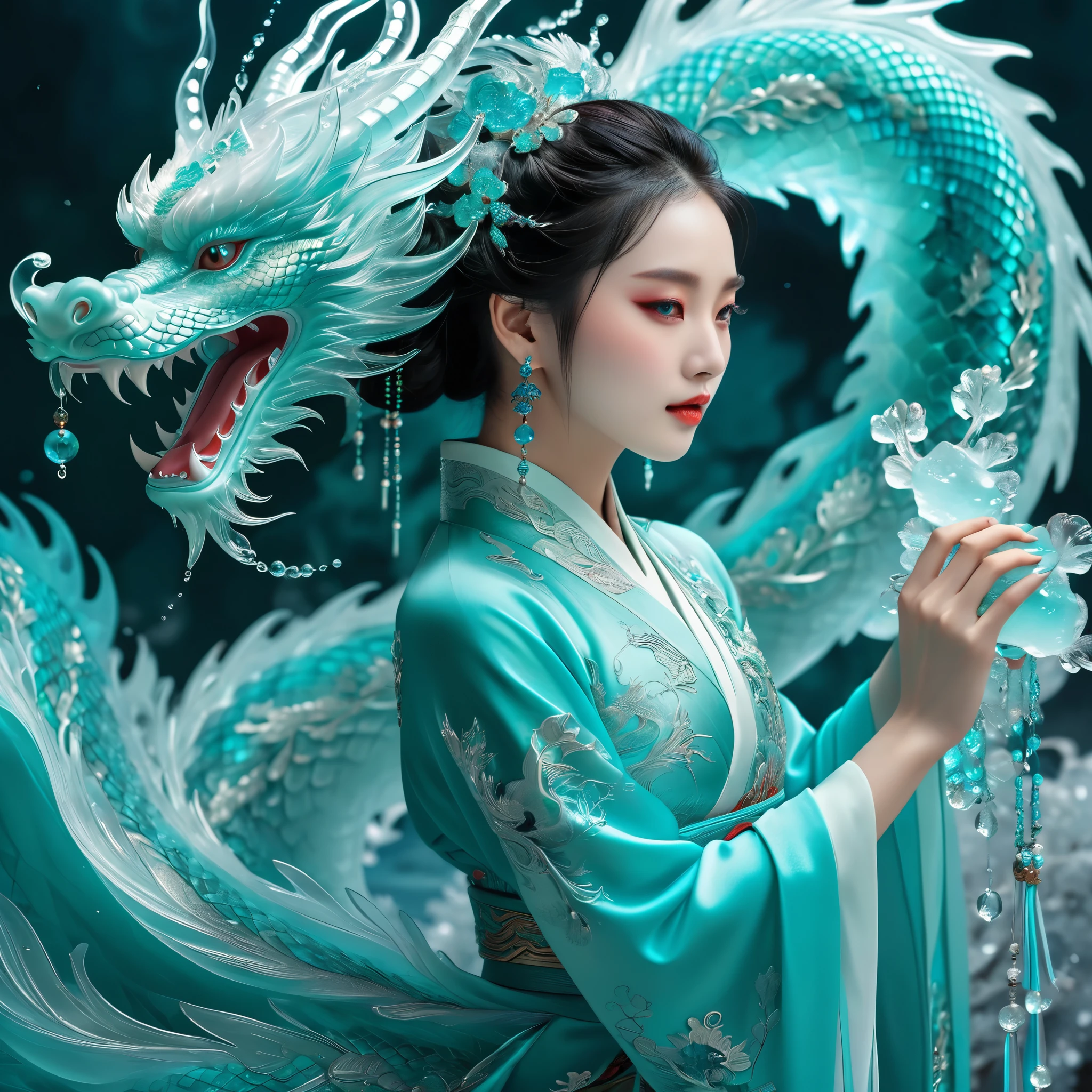 *8k Masterpiece, Top Quality, Best Quality, Official Art, (Beauty and Aesthetics: 1.3), Extremely Detailed, (Fractal Art: 1.3), Colorful, Ice and Chinese Dragon, Serpentine Body, Claw, Cyan and 1 Woman, Han Woman's Media, Hanfu, Cyan