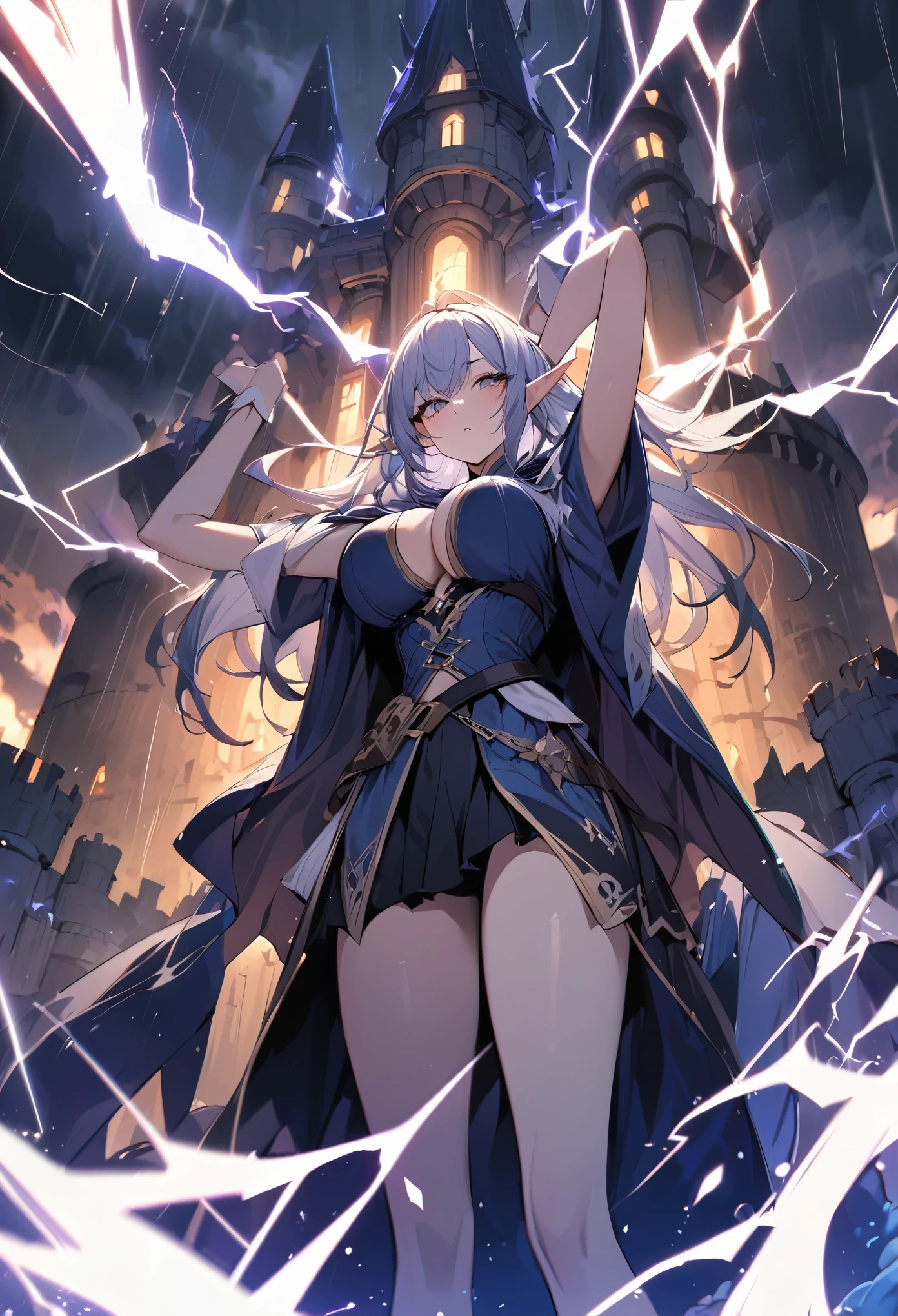 Masterpiece, absurdes, ultra detailed, 1girl, busty elf mage small waist, mage cloak, casting a spell, arms raised in the air, lightning emerging from her fingers, standing on a castle tower, thunderstorm, rain