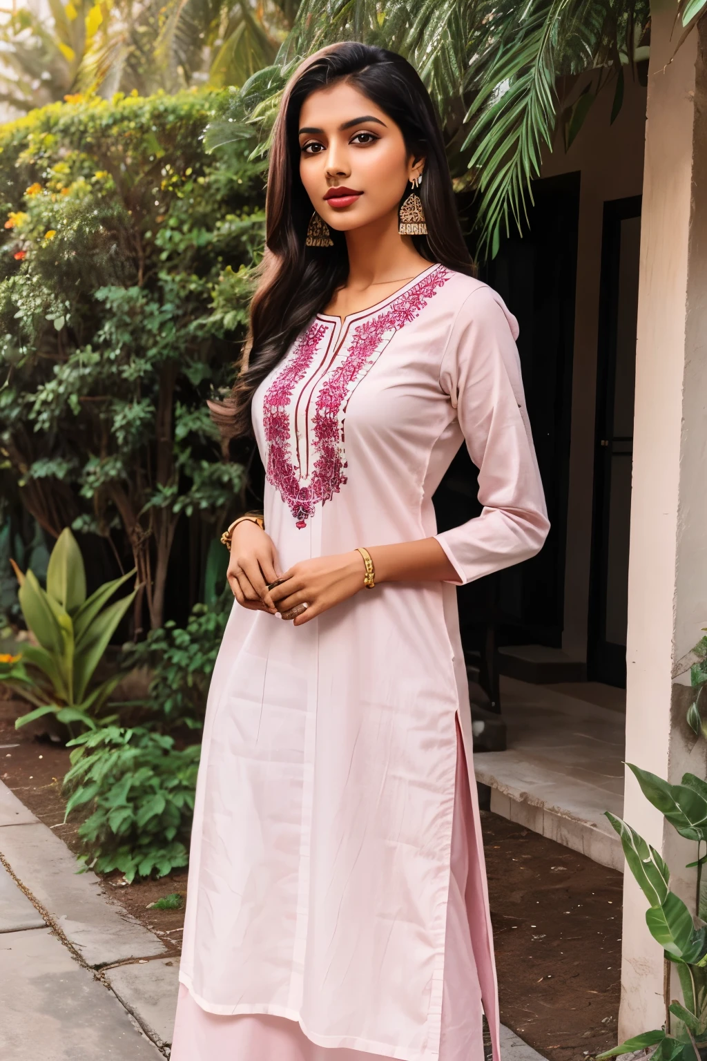 A tall indian girl with white skin tone wearing maroon long kurti with jeans and small earrings and light pink lipstick.