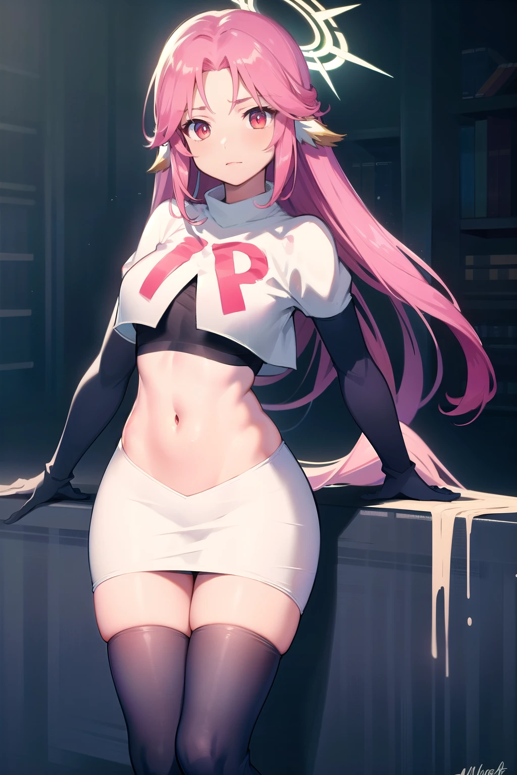 ,best quality,(masterpiece:1.3),cinematic lighting,
ngnl_jibril,long hair,pink hair,halo,team rocket,team rocket uniform,white skirt,red letter R,crop top,black thigh-highs,black elbow gloves,