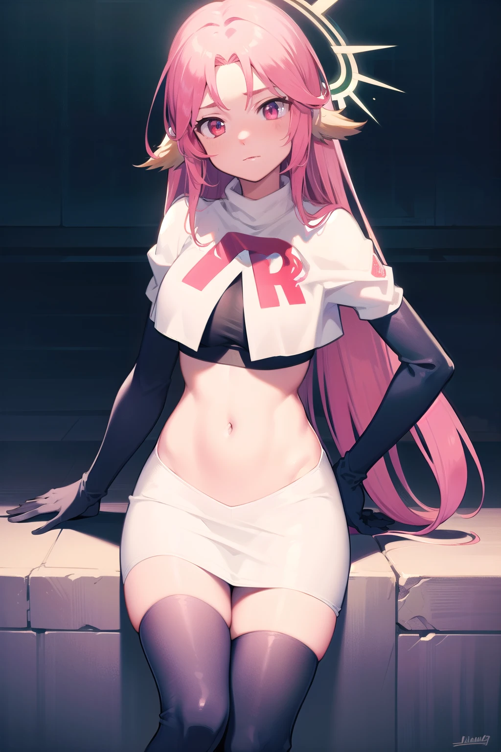 ,best quality,(masterpiece:1.3),cinematic lighting,
ngnl_jibril,long hair,pink hair,halo,team rocket,team rocket uniform,white skirt,red letter R,crop top,black thigh-highs,black elbow gloves,